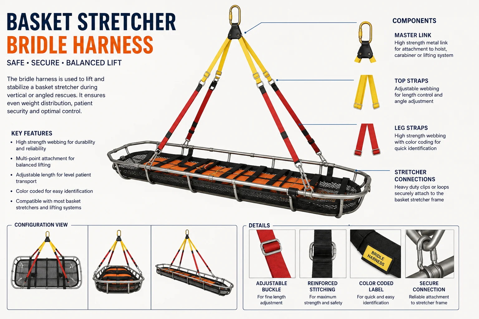 Complete basket stretcher set — bridle, harness, head pad and foot pad Basket stretcher set with bridle harness and pads — Fire Supplies Oman