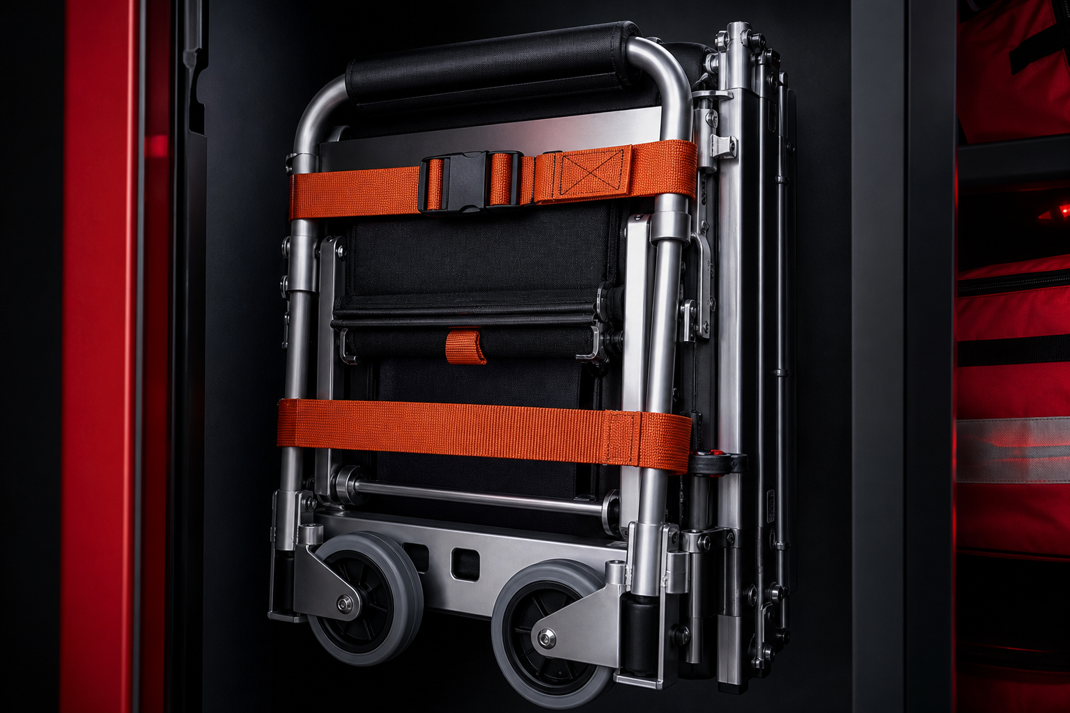 Folded evacuation chair in emergency equipment storage