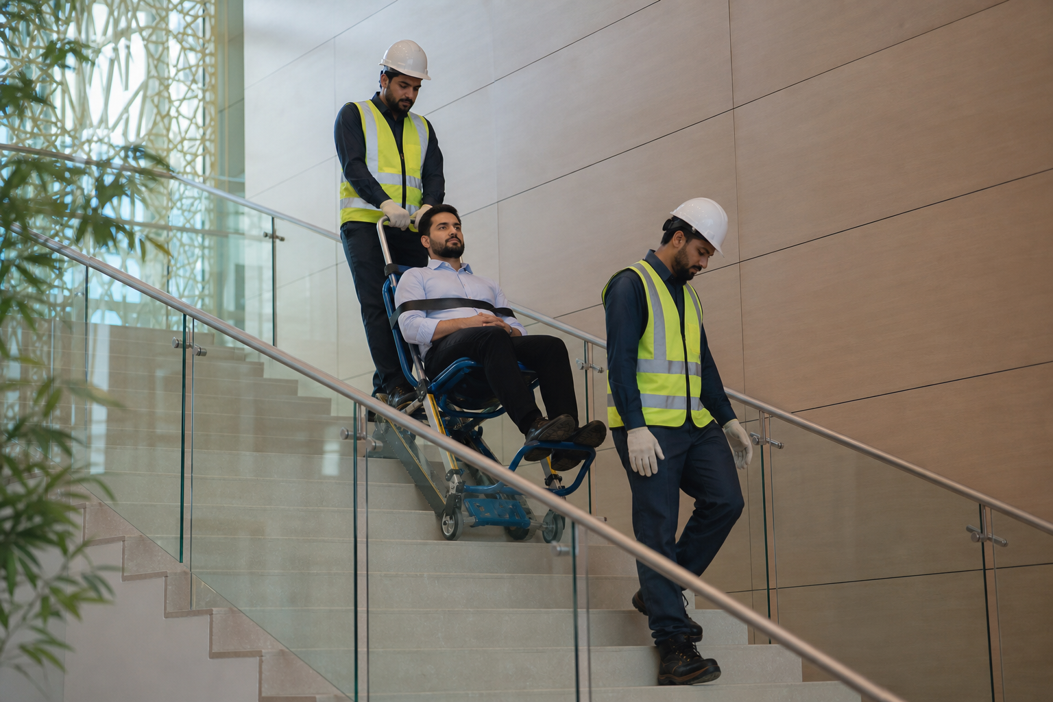 Stair evacuation drill with an evacuation chair in Oman