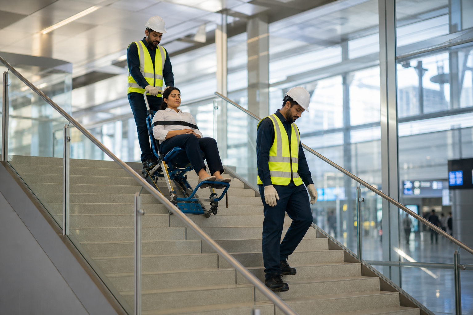 Evacuation chair stair drill with woman occupant at Oman airport Woman safely evacuated down airport stairs in an evacuation chair during an emergency drill in Oman — Fire Supplies Oman original photography