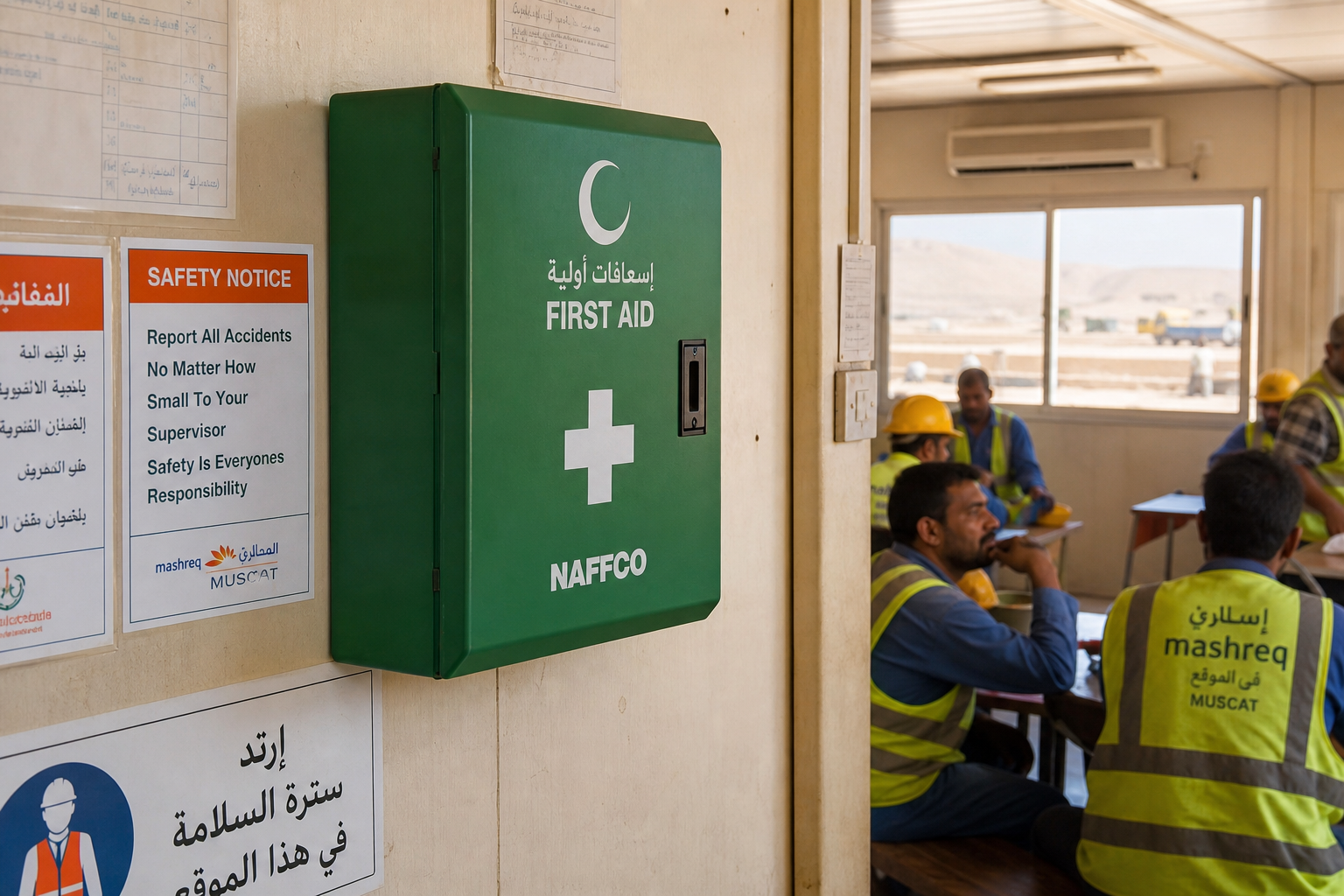 First aid kit at Oman construction site welfare cabin — original Fire Supplies Oman photograph