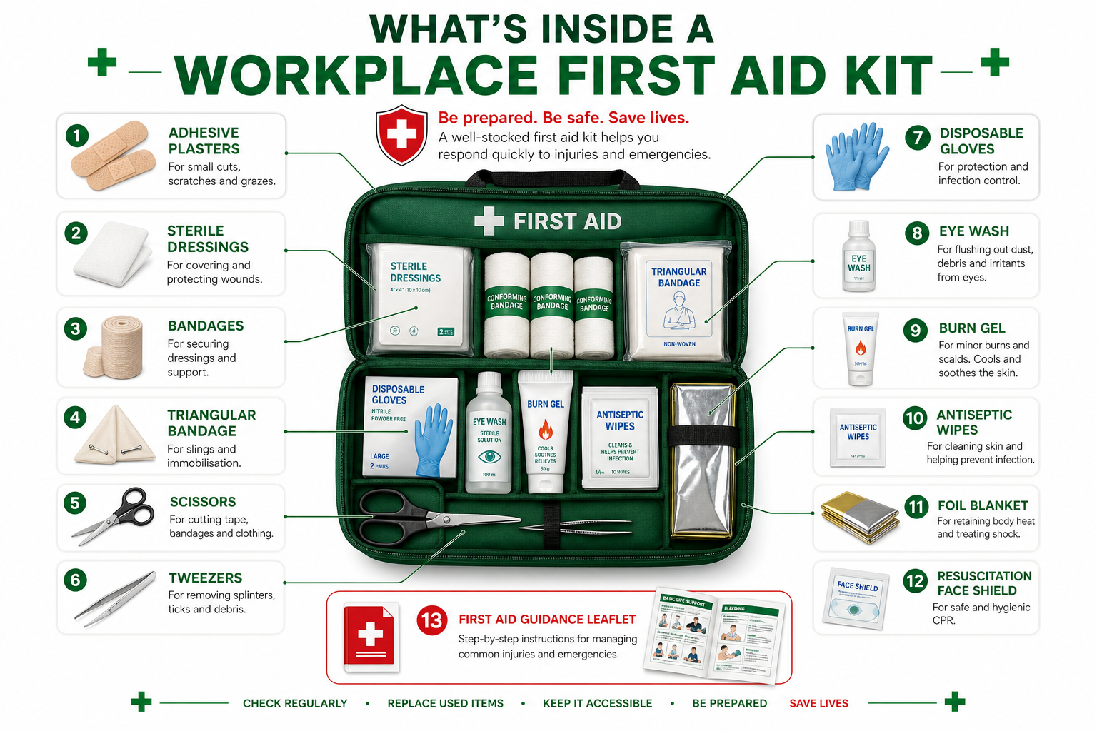 What's inside a first aid kit — workplace contents guide Oman First aid kit contents infographic Oman — original Fire Supplies labelled diagram of workplace kit supplies
