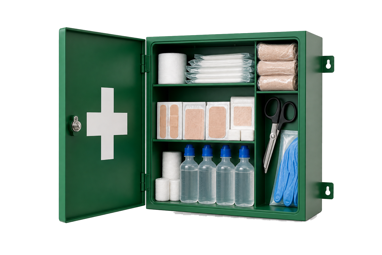 First aid kit Oman — workplace HSE first aid cabinet supplier First aid kit Oman — original Fire Supplies product photo of green HSE wall-mounted workplace first aid cabinet with organized emergency supplies