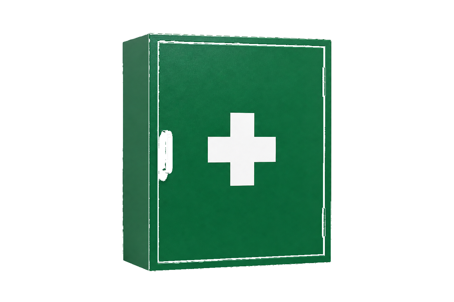 Green HSE first aid box Oman — wall-mounted workplace cabinet Green HSE wall-mounted first aid box Oman — original Fire Supplies product cutout with white cross symbol
