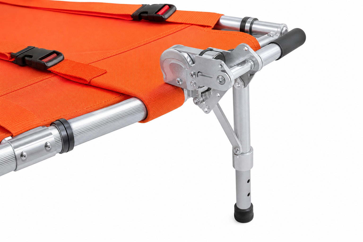 Folding stretcher detail — aluminium frame, orange fabric, safety belts