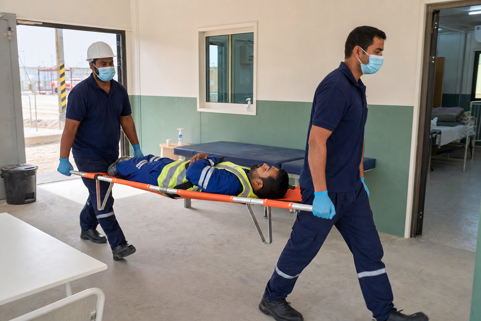 Operators carrying injured worker on folding stretcher at Oman construction site — Fire Supplies Oman original photography