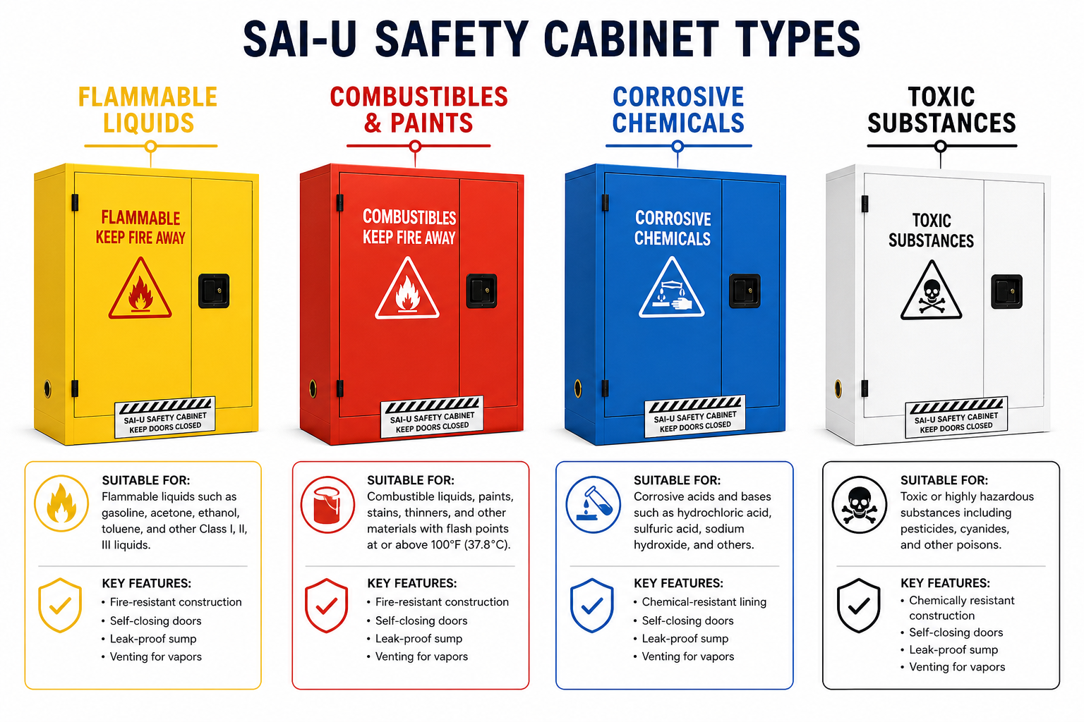 SAI-U safety cabinet colour code guide Safety cabinet types infographic — yellow flammable, red combustible, blue corrosive, white toxic — Fire Supplies Oman