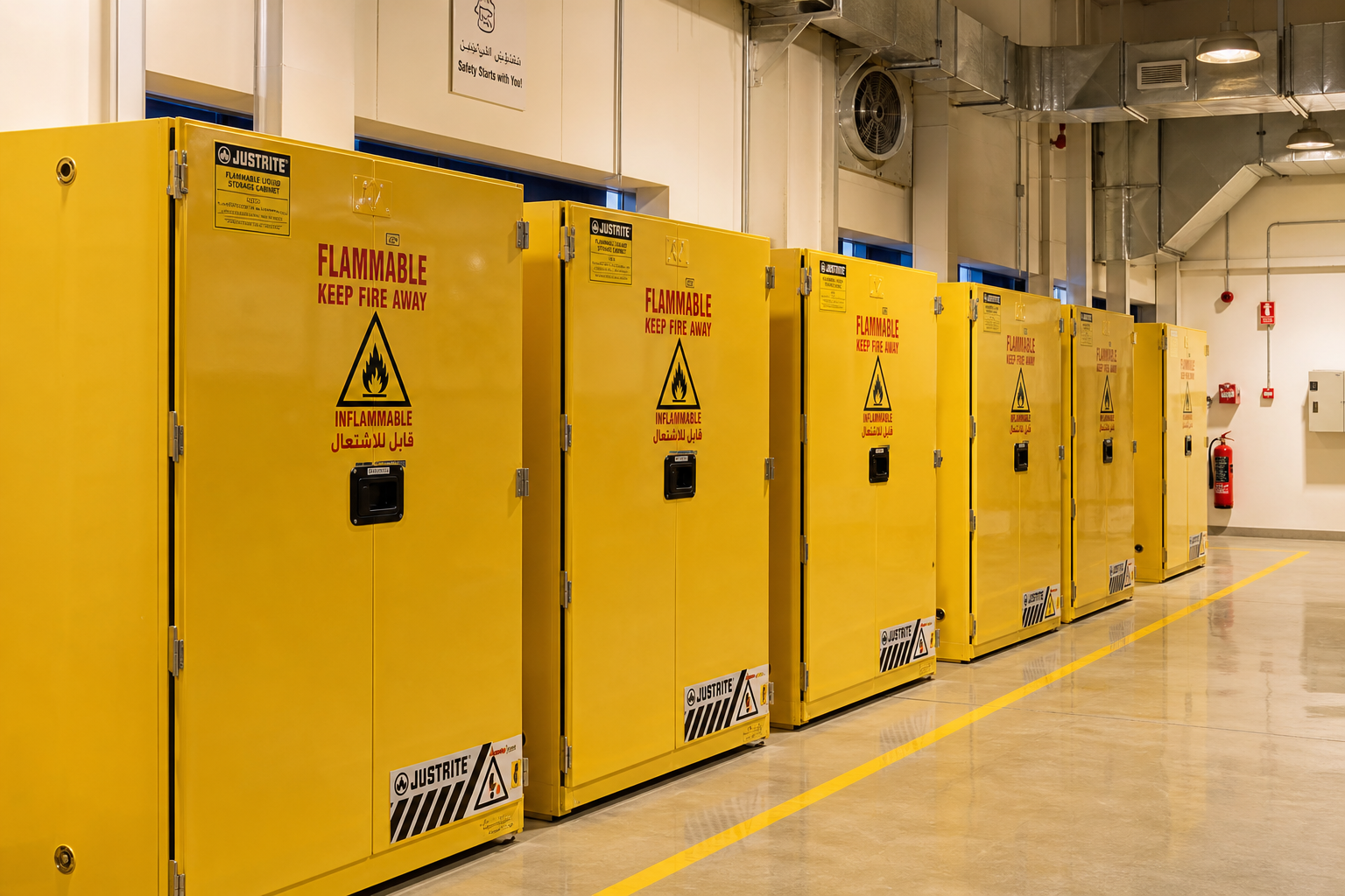 SAI-U safety cabinet warehouse installation Oman Safety cabinets installed in Oman industrial warehouse — Fire Supplies Oman original photography