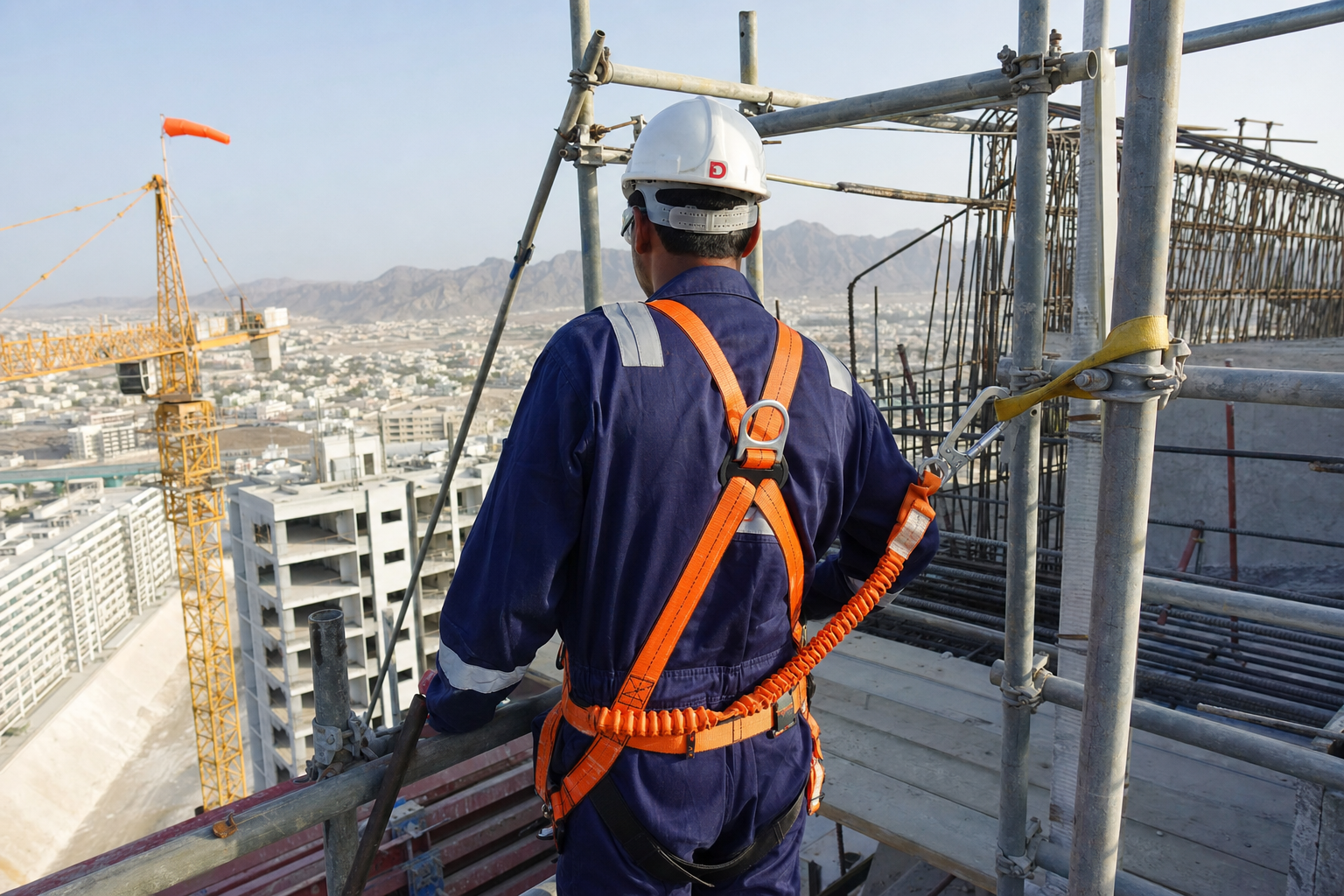 Safety harness at Oman construction site — original Fire Supplies Oman photograph of worker with full-body harness and double lanyard