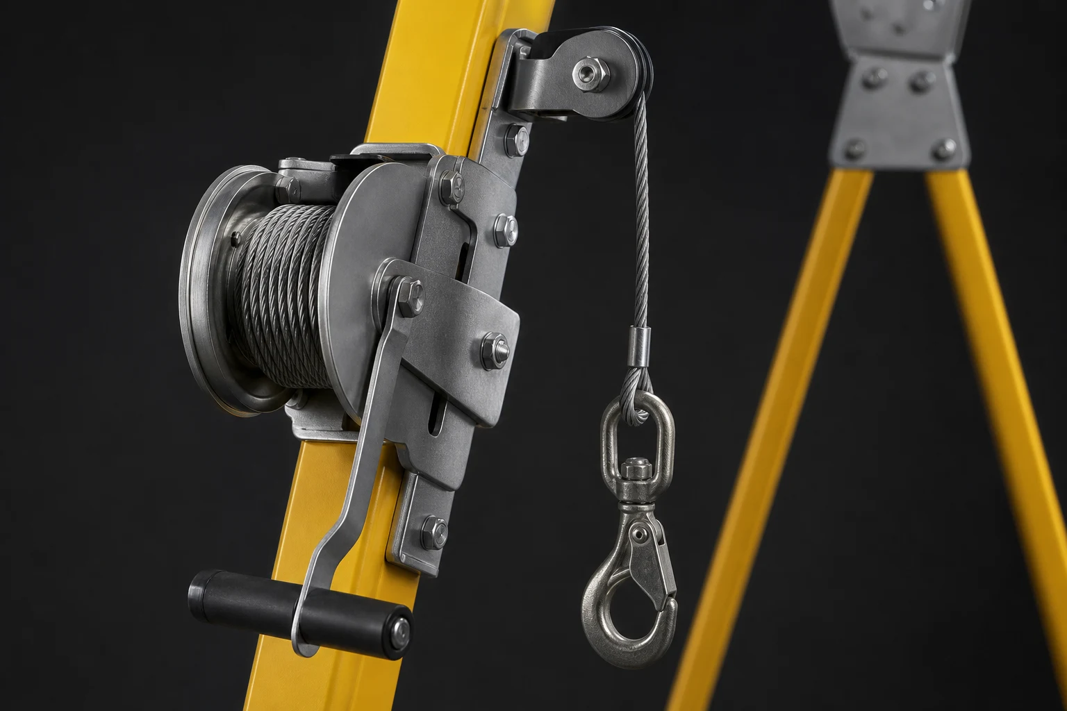 Rescue tripod hand winch and steel cable detail — Fire Supplies Oman original photography