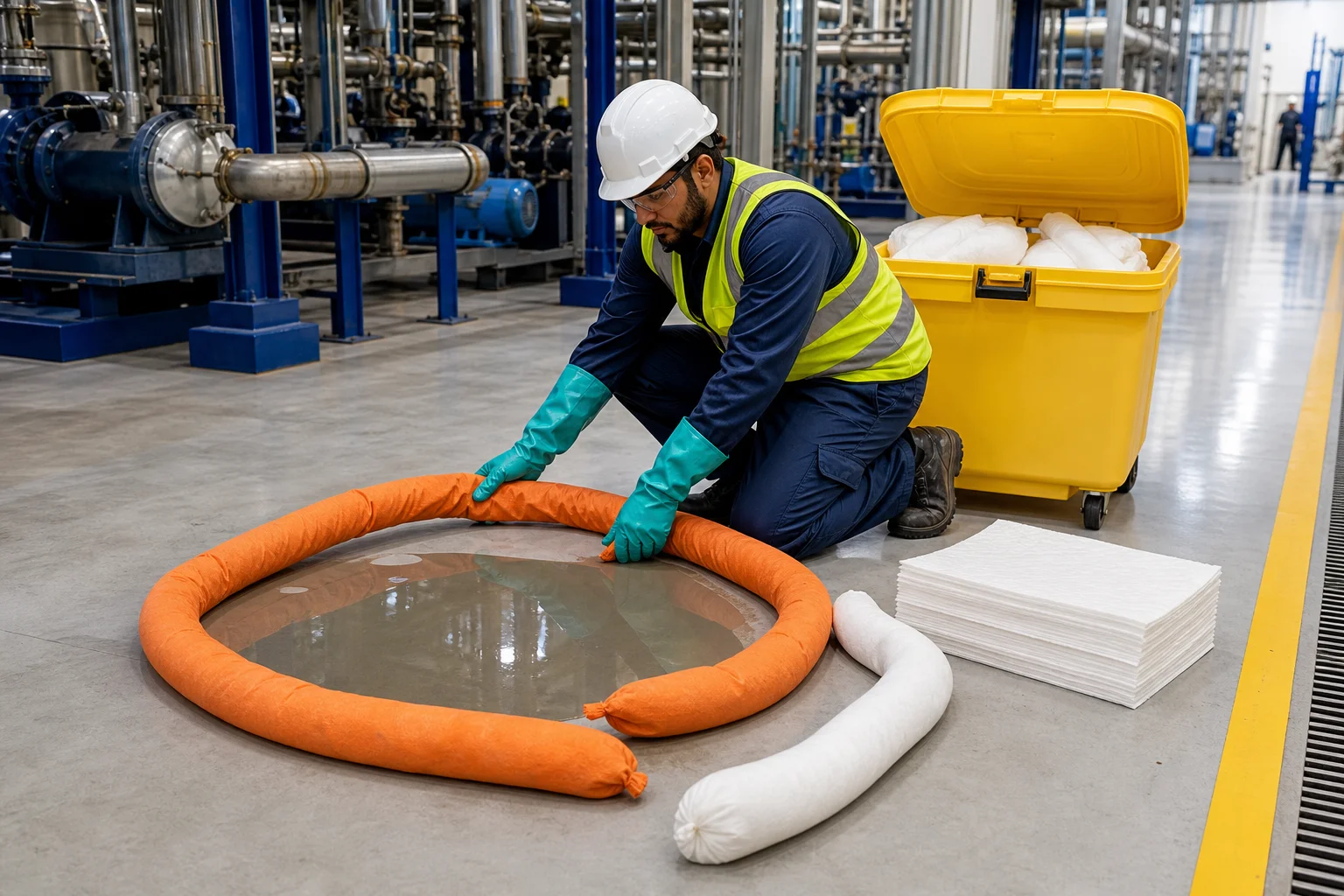 Spill kit selection guide Oman — worker deploying absorbent booms during industrial spill response