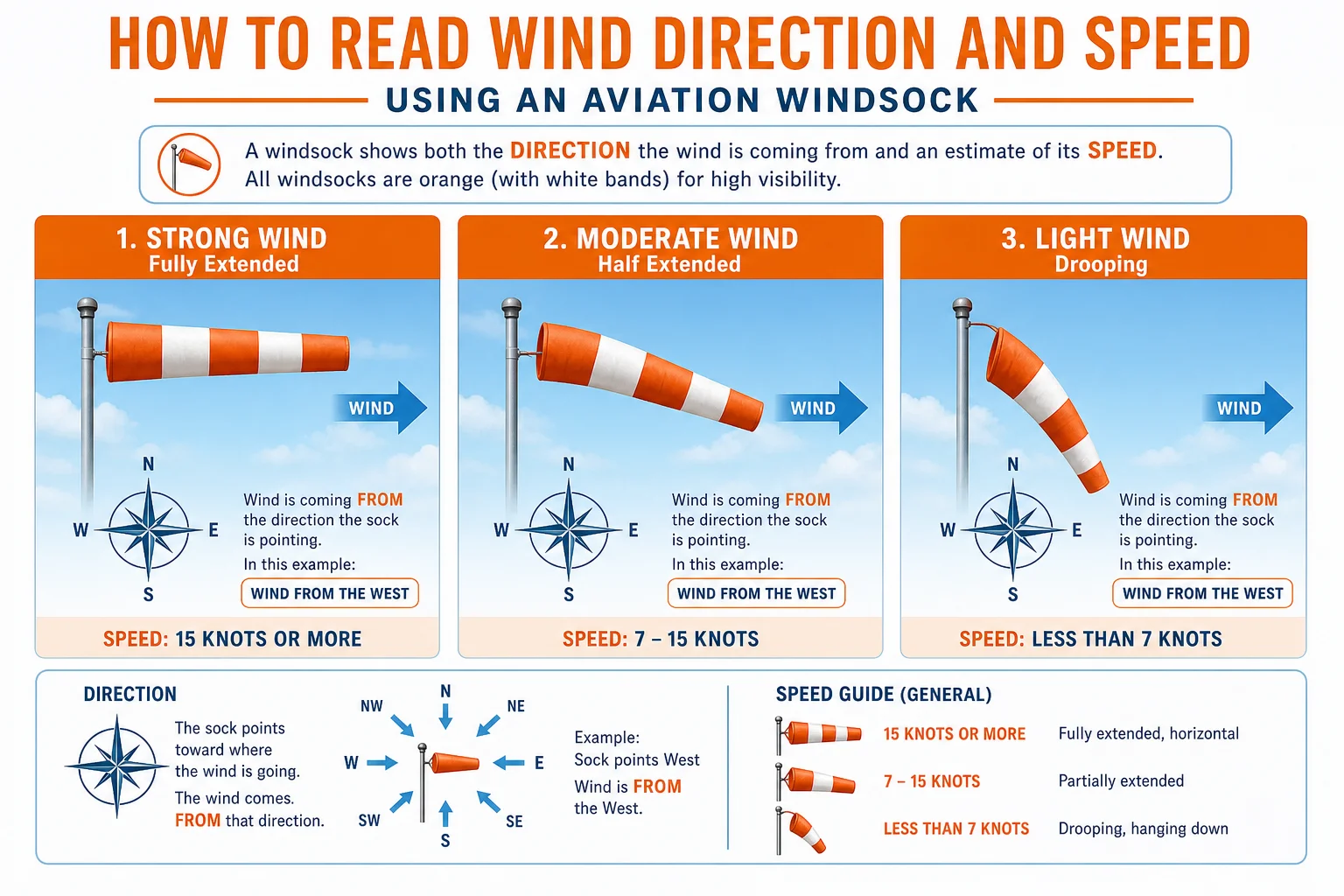 Windsock wind speed guide — Fire Supplies Oman original infographic How to read windsock wind speed infographic Oman — original Fire Supplies guide showing full, partial and drooping windsock extension with compass rose